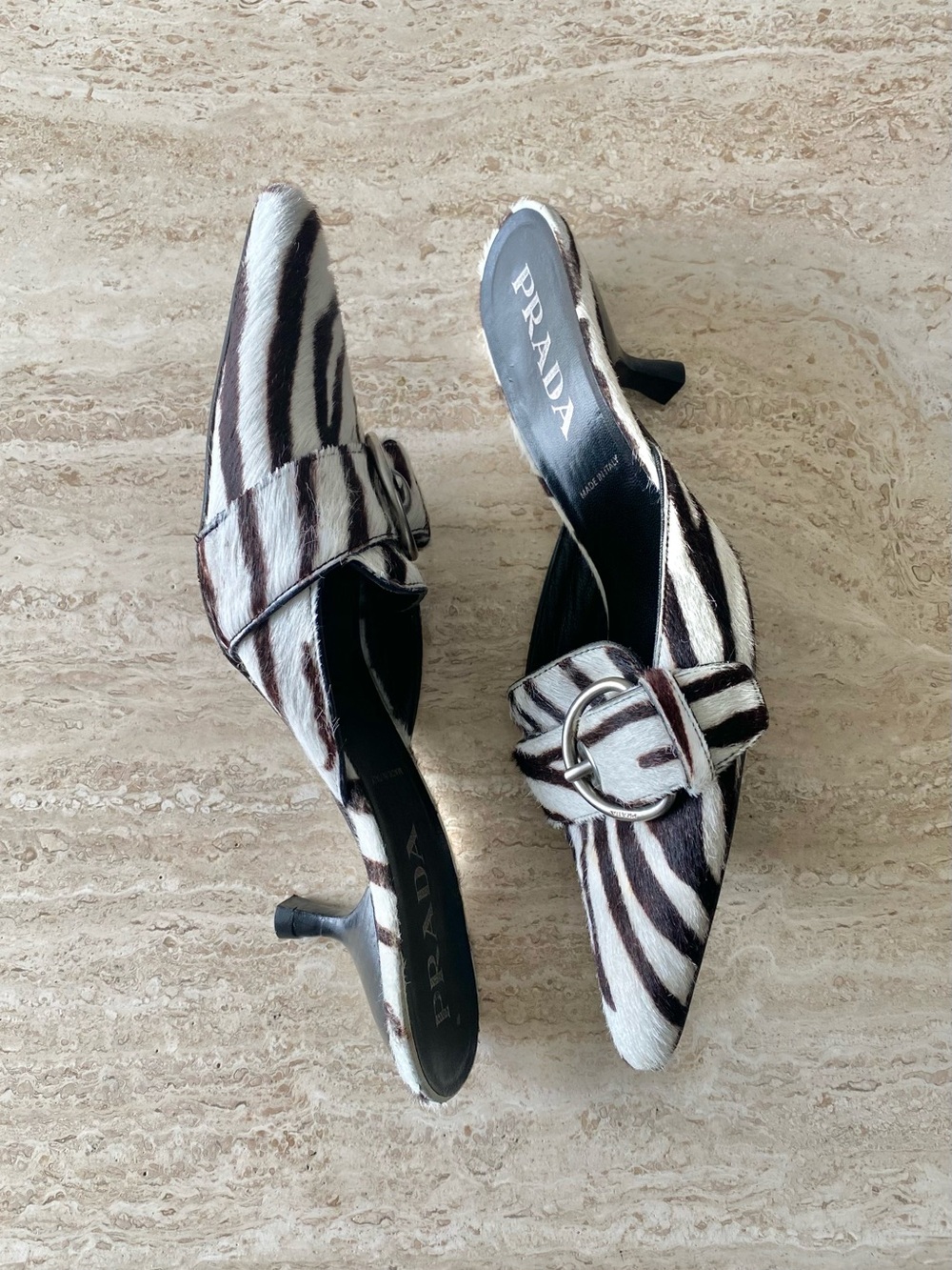 Vintage Prada Zebra Pony Hair Buckle Mule Heels - Picture 4 of 10